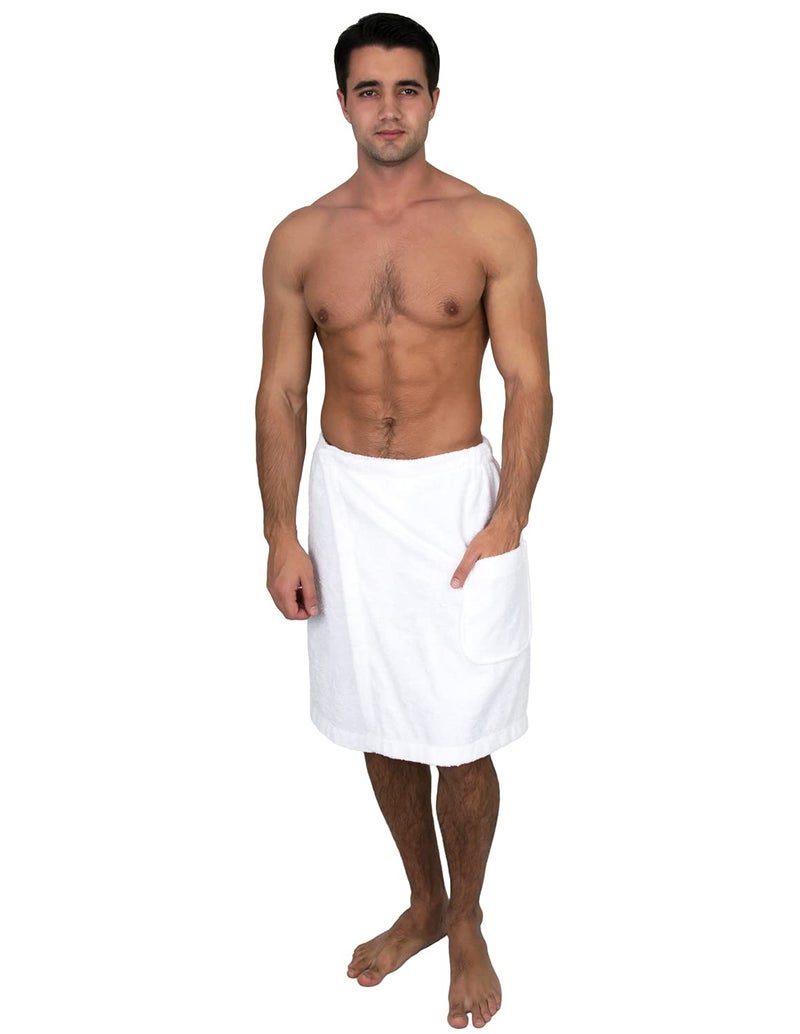 TowelSelections Mens Shower Wrap Adjustable Cotton Terry Bath Gym Cover Up with Snaps Large/XX-Large White - Image 1